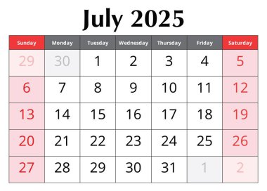 Temmuz 2025 takvimi. Tasarım vektör çizimi. Yaz ayının İngilizce sayfası