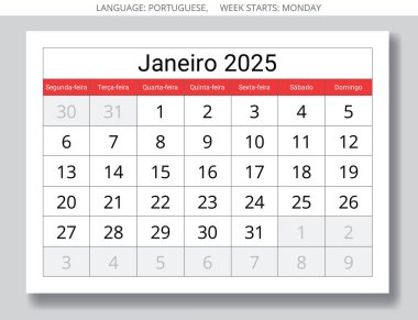 2025 yılının Ocak Porto Riko aylık takvimi Janeiro. Portekiz için vektör kağıdı illüstrasyonu