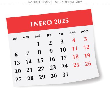2025 İspanyol Ocak takvimi - Ay Enero. İspanya için vektör illüstrasyonları