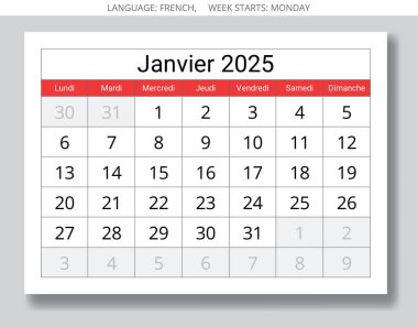 Ocak 2025 için Fransız takvimi. Fransa için bir kış ayının vektör illüstrasyonu - Ocak takvimi