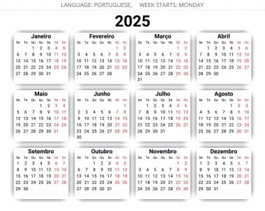 Portekiz takvimi 2025 modern Portekiz tasarım illüstrasyonu 12 ay için