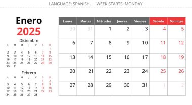 2025 İspanyol Ocak takvimi - Ay Enero. İspanya için kış ayı için vektör çizimleri