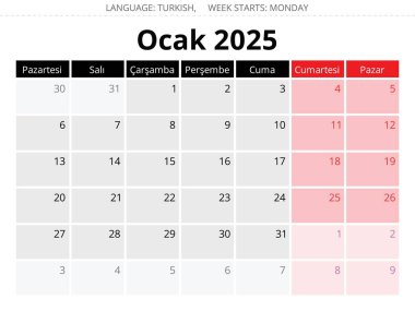 Ocak 2025 için Türk takvimi - Takim Ocak. Türkiye için kış ayı için vektör illüstrasyonu