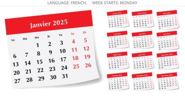 2025 yıllık Fransız takvimi. Fransa için gölge illüstrasyon koleksiyonu içeren 12 vektör kağıt sayfası - takvim