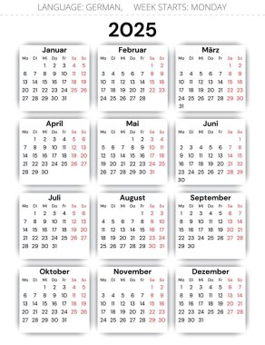 Alman takvimi 2025: Almanya 'nın vektör illüstrasyonlarıyla yılın planlayıcısı - kalender