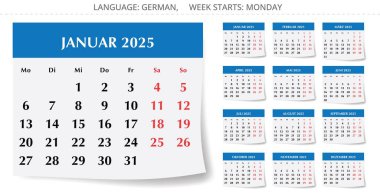 12 aylık 2025 Alman takvim koleksiyonu. Vektör illüstrasyonu Almanya için kağıt sayfa gibi ayarlandı
