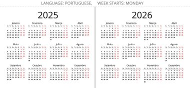 2025 ve 2026 yıllarında Portekiz takvimleri. Portekiz için vektör illüstrasyonu ayarlandı