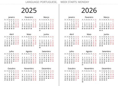 2025 ve 2026 yıllarında Portekiz takvimleri. Portekiz için vektör illüstrasyonu ayarlandı