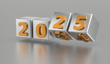 Yeni yıl tatili konsepti. 2025 numaralı küpler 2024 'ün yerini alıyor. 3d illüstrasyon