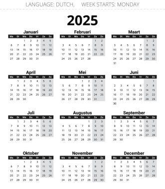 2025 yıllık Hollanda takvimi. Koyu renkli vektör illüstrasyonu. Hollanda 'ya gitmek için 12 ay süre