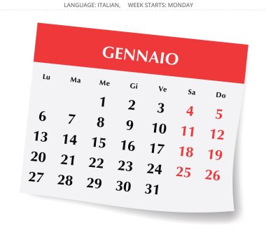 Ocak 2025 Gennaio takvimi. İtalya, İtalyan. Gölgesi olan bir sayfa halinde vektör illüstrasyonu