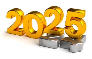 Yeni yıl 2025 tatil konsepti. 2024 yılına yakın 2025 sayısı beyazın üzerinde izole edilmiş.