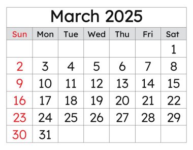 Mart 2025 takvimi. Basit vektör çizimi. Bahar ayının İngilizce sayfası