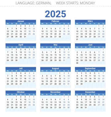 Alman takvimi 2025: Almanya 'nın vektör illüstrasyonlarıyla yıl için plan