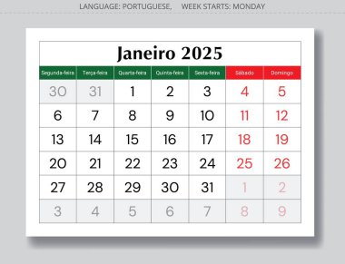 2025 yılının Ocak Porto Riko aylık takvimi Janeiro. Portekiz için vektör sayfası illüstrasyonu