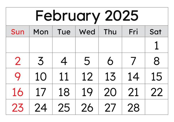 Calendar for February 2025. Simple vector illustration. English page of the winter month