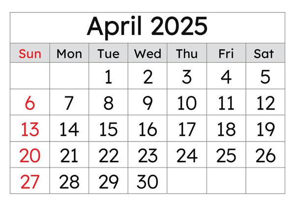 Calendar for april 2025. Simple vector illustration. English page of the spring month