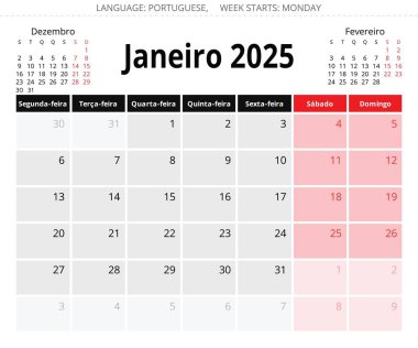 2025 yılı için Ocak Porto Riko aylık takvimi (Janeiro). Portekiz için vektör sayfası illüstrasyonu