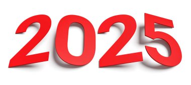 2025 numara gölgeli beyaz üzerine izole edilmiş. Kırmızı renkte tatil kavramları