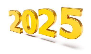 Gölgeli 2025 numara. Yeni yıl tatili kavramları beyaza izole edilmiş altın renginde