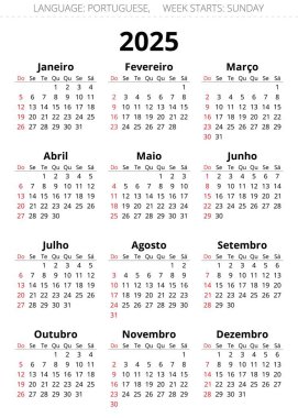 2025 yılının Porto Riko takvimi. Portekiz için basılabilir vektör illüstrasyonu. Hafta pazar başlıyor.