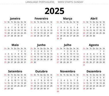 2025 yılının Porto Riko takvimi. Portekiz için basılabilir vektör illüstrasyonu. Hafta pazar başlıyor.