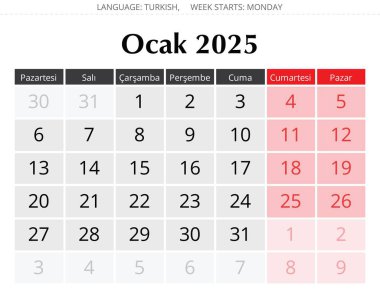 Ocak 2025 için Türk takvimi - Takim Ocak. Türkiye için vektör illüstrasyonu