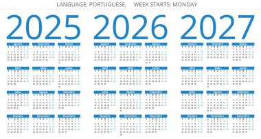 2025, 2026, 2027 yıllık Portekiz takvimleri. Portekiz için vektör illüstrasyonu ayarlandı