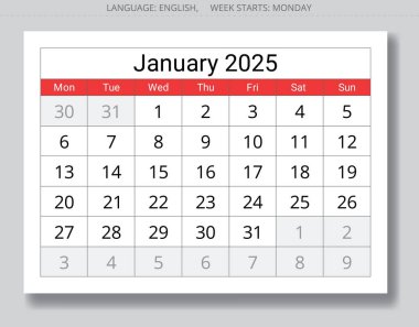 2025 Ocak takvimi. Aylık İngilizce takvimlerin vektör koleksiyonu. Pazartesi başlangıcıyla tasarım