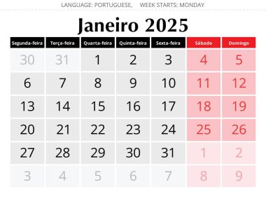 2025 yılının Ocak Porto Riko yıllık takvimi. Portekiz için şık tasarımı olan vektör illüstrasyonu