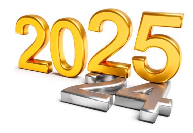 Yeni yıl tatili kavramları. 2025 numara eski 2024 üzerinde beyaz üzerine izole