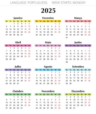 Portekiz takvimi 2025 - 12 aylık renkli Portekiz tasarım çizimi