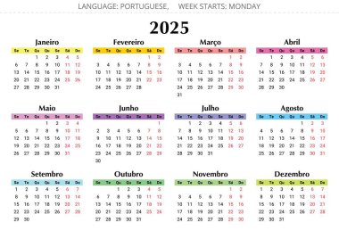 Portekiz takvimi 2025 - 12 aylık renkli Portekiz tasarım çizimi