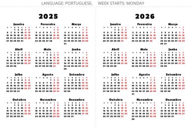 2025, 2026 Portekiz takvimleri. Portekiz için vektör illüstrasyon koleksiyonu
