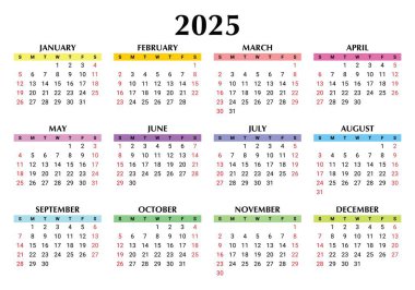 2025 yıllık İngilizce renk takvimi. Vektör çizimi. Hafta Pazar başlıyor