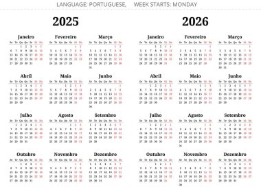 2025, 2026 Portekiz takvimleri. Portekiz ve Brezilya için vektör illüstrasyon koleksiyonu