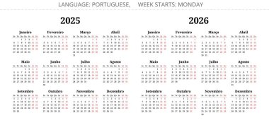 2025, 2026 Portekiz takvimleri. Portekiz ve Brezilya için vektör illüstrasyon koleksiyonu