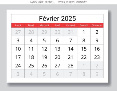 Şubat 2025 için Fransız takvimi. Fransa için bir kış ayının vektör illüstrasyonu- takvim