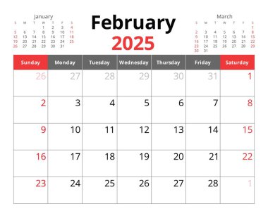 2025 Şubat takvimi. Aylık İngilizce takvim vektörü. Pazar başlangıcıyla tasarım