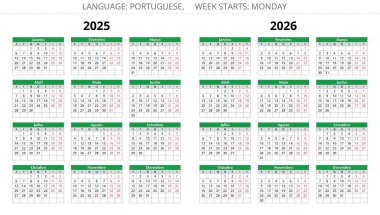 2025, 2026 Portekiz takvimleri. Portekiz ve Brezilya için vektör illüstrasyonları