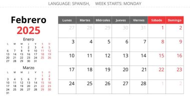 2025 İspanyol şubat takvimi - 1 aylık febrero. İspanya için kış ayı için vektör çizimleri