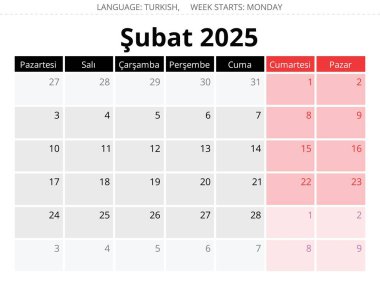 Şubat 2025 için Türk takvimi - Takim. Türkiye için kış ayı için vektör illüstrasyonu