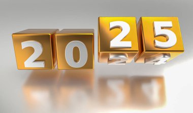 Yeni yıl tatili konsepti. 2025 numaralı küpler 2024 'ün yerini alıyor. 3d illüstrasyon