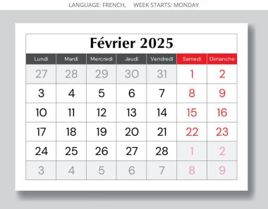 Şubat 2025 için Fransız takvimi. Fransa dili için bir kış ayının vektör illüstrasyonuName