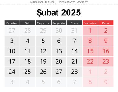 Aylık Türk takvimi Şubat 2025 - Takim. Türkiye için vektör illüstrasyonu