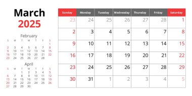 2025 Mart takvimi. Aylık İngilizce vektörü. Bahar ayı. Pazar başlangıcıyla tasarım