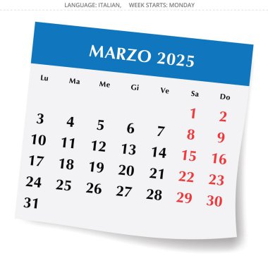 Mart 2025 için takvim, Marzo. İtalya, İtalyan. Gölgesi olan bir sayfa halinde vektör illüstrasyonu