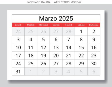 Mart 2025 için İtalyan takvimi - Calendario Marzo. Bahar ayı gazete sayfası. İtalya için vektör illüstrasyon tasarımı
