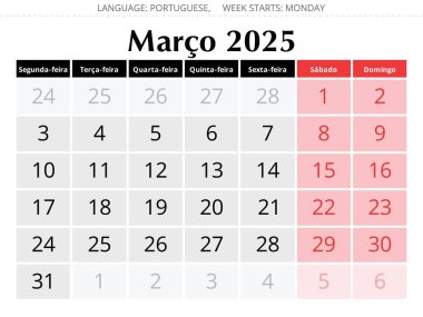 Mart 2025 Yıllık Porto Riko takvimi. Portekiz için şık tasarımı olan vektör illüstrasyonu