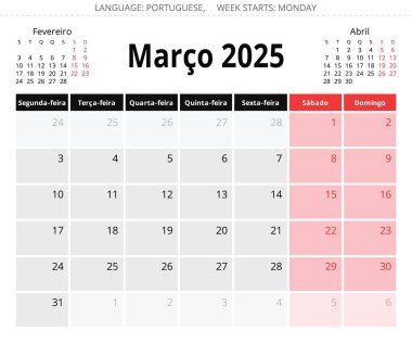 2025 yılı için Mart Porto Riko aylık takvimi. Portekiz için vektör sayfası illüstrasyonu